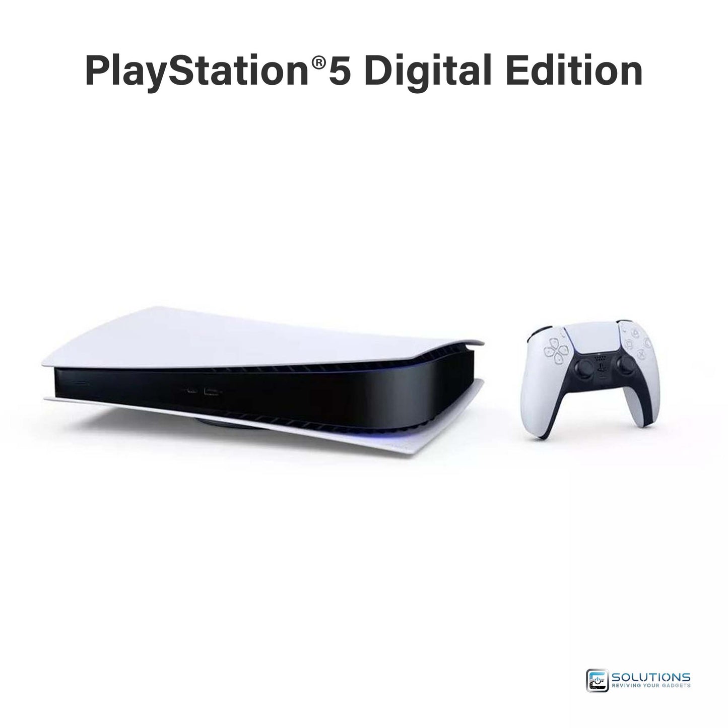 Sony PS5 Digital Edition 825GB — horizontal setup of the console with DualSense controller, offered for retail and wholesale