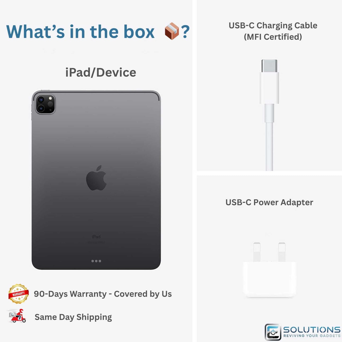 What's in the box: Apple iPad with USB-C charging cable (MFI certified) and USB-C power adapter. Included accessories for all iPad models.