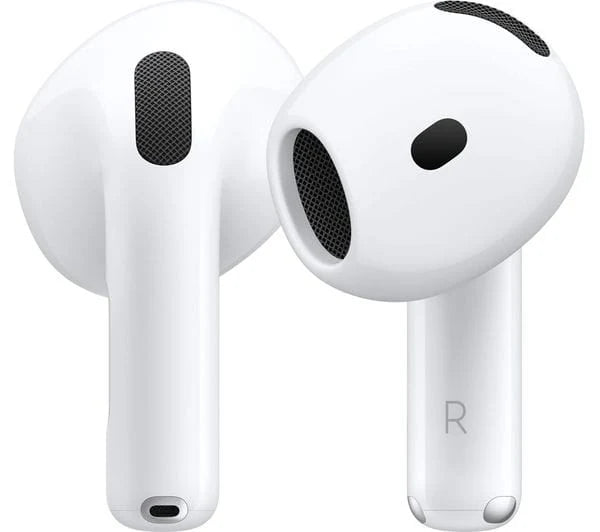 Apple AirPods 4th Gen earbuds (non-ANC version) shown outside case — ergonomic fit, sweat and water resistant, built for comfort