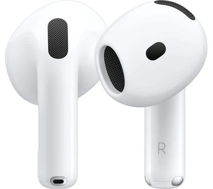 Apple AirPods 4th Gen earbuds (non-ANC version) shown outside case — ergonomic fit, sweat and water resistant, built for comfort