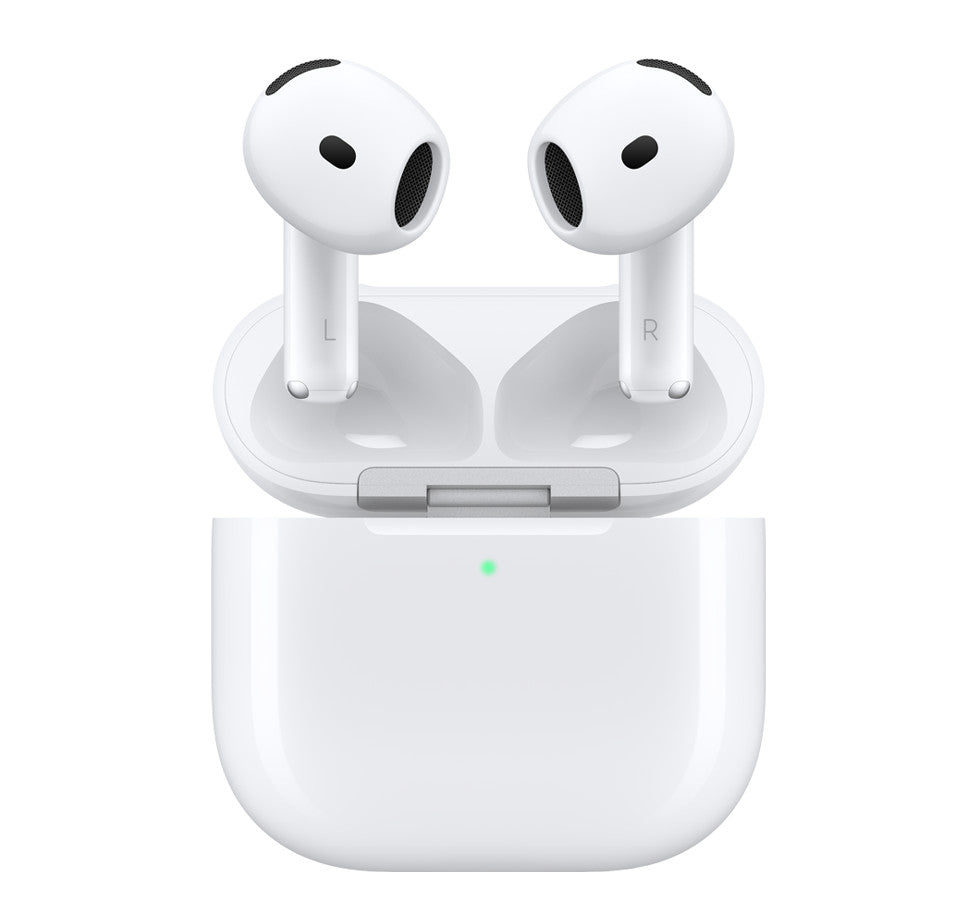Front view of Apple AirPods 4th Gen with ANC in charging case, premium wireless earbuds with noise cancelling and transparency mode — retail and wholesale.