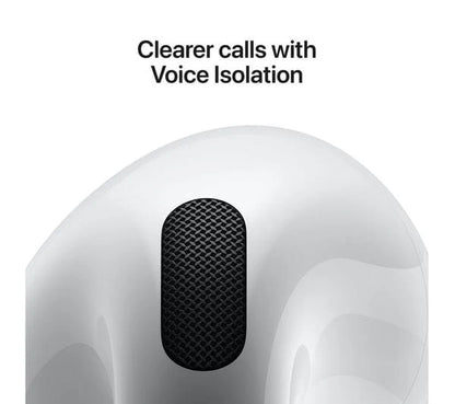 Side view of Apple AirPods 4th Gen with ANC, highlighting voice isolation and immersive sound quality in open case — available retail and wholesale.