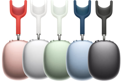 Apple AirPods Max 2020 lineup with Lightning connector in all colors — Space Gray, Silver, Sky Blue, Green, and Pink — premium over-ear wireless noise-cancelling headphones for retail and wholesale buyers.