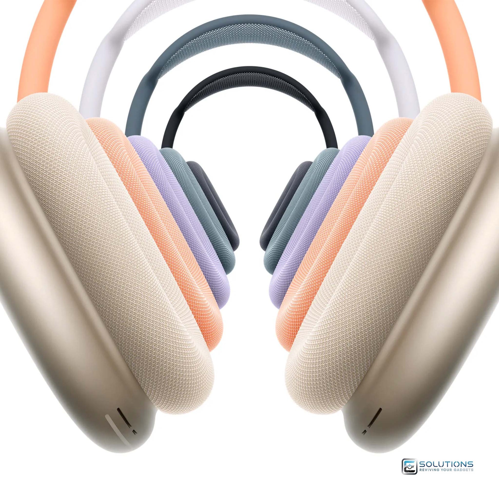 Apple AirPods Max 2024 USB-C headphones lineup in Midnight, Starlight, Blue, Purple, and Orange — premium wireless over-ear headphones for retail and wholesale buyers.