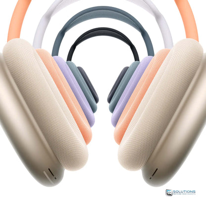 Apple AirPods Max 2024 USB-C headphones lineup in Midnight, Starlight, Blue, Purple, and Orange — premium wireless over-ear headphones for retail and wholesale buyers.
