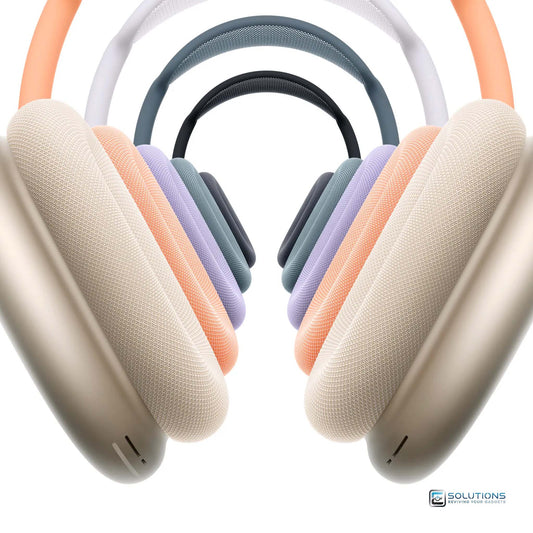 Apple AirPods Max 2024 USB-C headphones lineup in Midnight, Starlight, Blue, Purple, and Orange — premium wireless over-ear headphones for retail and wholesale buyers.