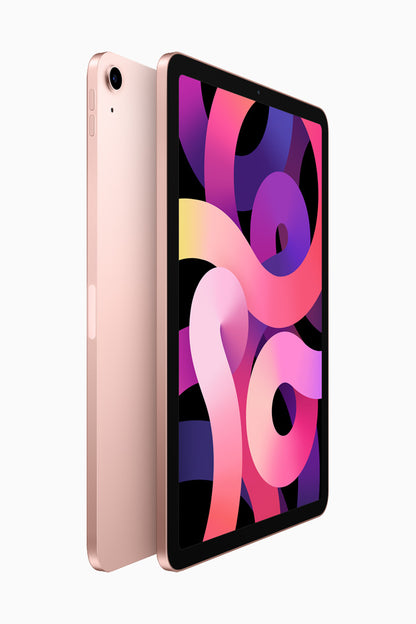 Rose Gold iPad Air 4th Gen — available in 64GB and 256GB, compatible with Wi-Fi and Wi-Fi + Cellular networks. Stylish and powerful, great for mobile tasks.
