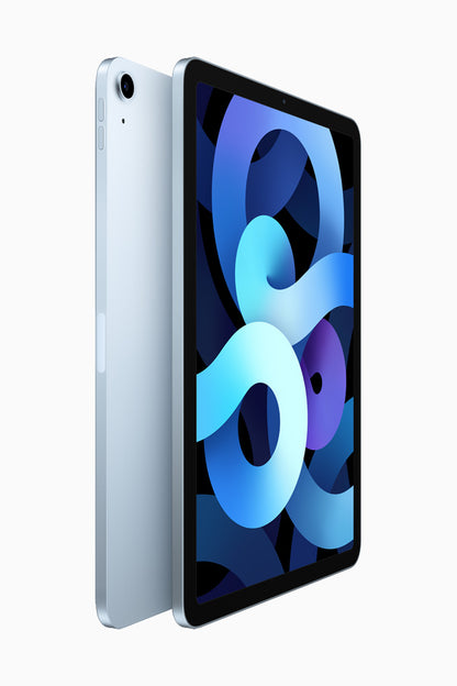 Sky Blue iPad Air 4th Generation available in 64GB and 256GB with both Wi-Fi and Wi-Fi + Cellular support. Ideal for creatives, students, and tech-savvy users.