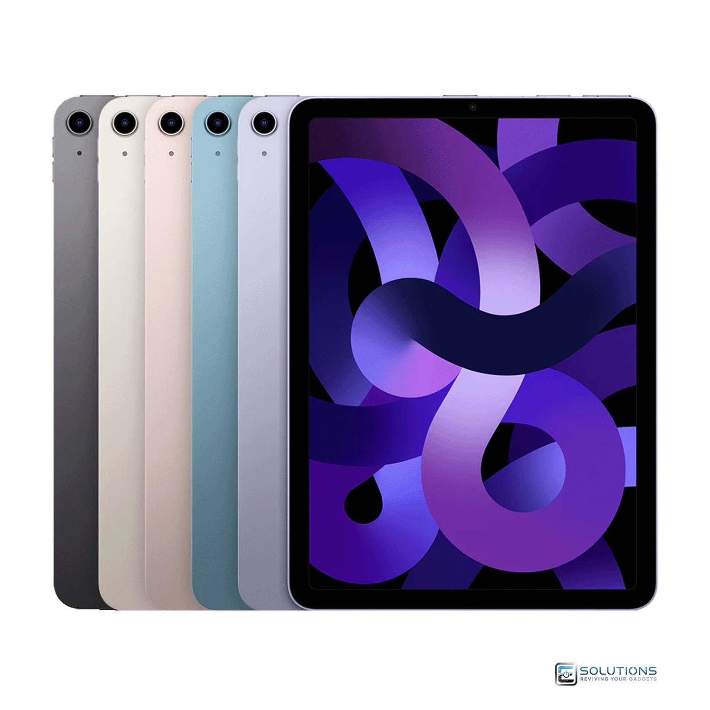 Apple iPad Air 5th Generation in all five colors — Space Gray, Starlight, Pink, Purple, and Blue — available in 64GB and 256GB with both Wi-Fi and Wi-Fi + Cellular (unlocked) models for retail and wholesale buyers.