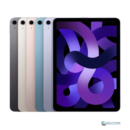 Apple iPad Air 5th Generation in all five colors — Space Gray, Starlight, Pink, Purple, and Blue — available in 64GB and 256GB with both Wi-Fi and Wi-Fi + Cellular (unlocked) models for retail and wholesale buyers.