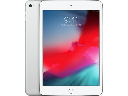Silver Apple iPad Mini 4, available in 16GB, 32GB, 64GB, and 128GB storage, with Wi-Fi and Wi-Fi + Cellular unlocked models. Perfect portable tablet for entertainment, work, and on-the-go connectivity.