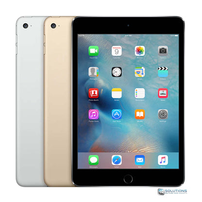 Apple iPad Mini 4 lineup in Space Gray, Silver, and Gold — available in 16GB, 32GB, 64GB, and 128GB storage options, with Wi-Fi and Wi-Fi + Cellular unlocked models for retail and wholesale buyers.