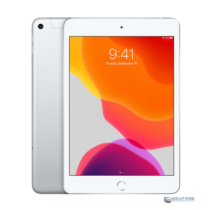 Silver Apple iPad Mini 5, available in 64GB and 256GB storage, with Wi-Fi and Wi-Fi + Cellular unlocked models. Lightweight iPad perfect for streaming, reading, and working on the go.