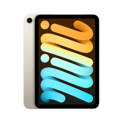 Starlight Apple iPad Mini 6, available in 64GB and 256GB storage, with Wi-Fi and Wi-Fi + Cellular unlocked models. Premium finish tablet designed for both productivity and entertainment.