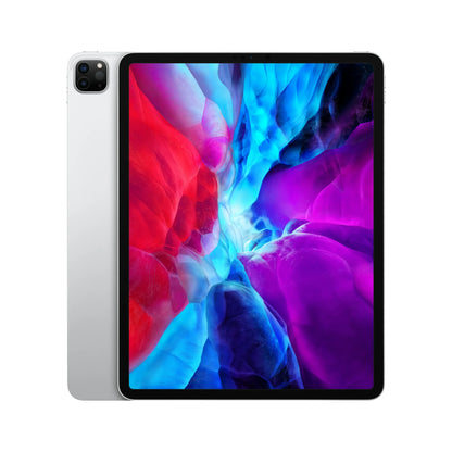 Silver Apple iPad Pro 12.9-inch 4th Generation, offered in 128GB, 256GB, 512GB, and 1TB, with Wi-Fi and Wi-Fi + Cellular unlocked models. Perfect for multitasking, design, and business productivity.