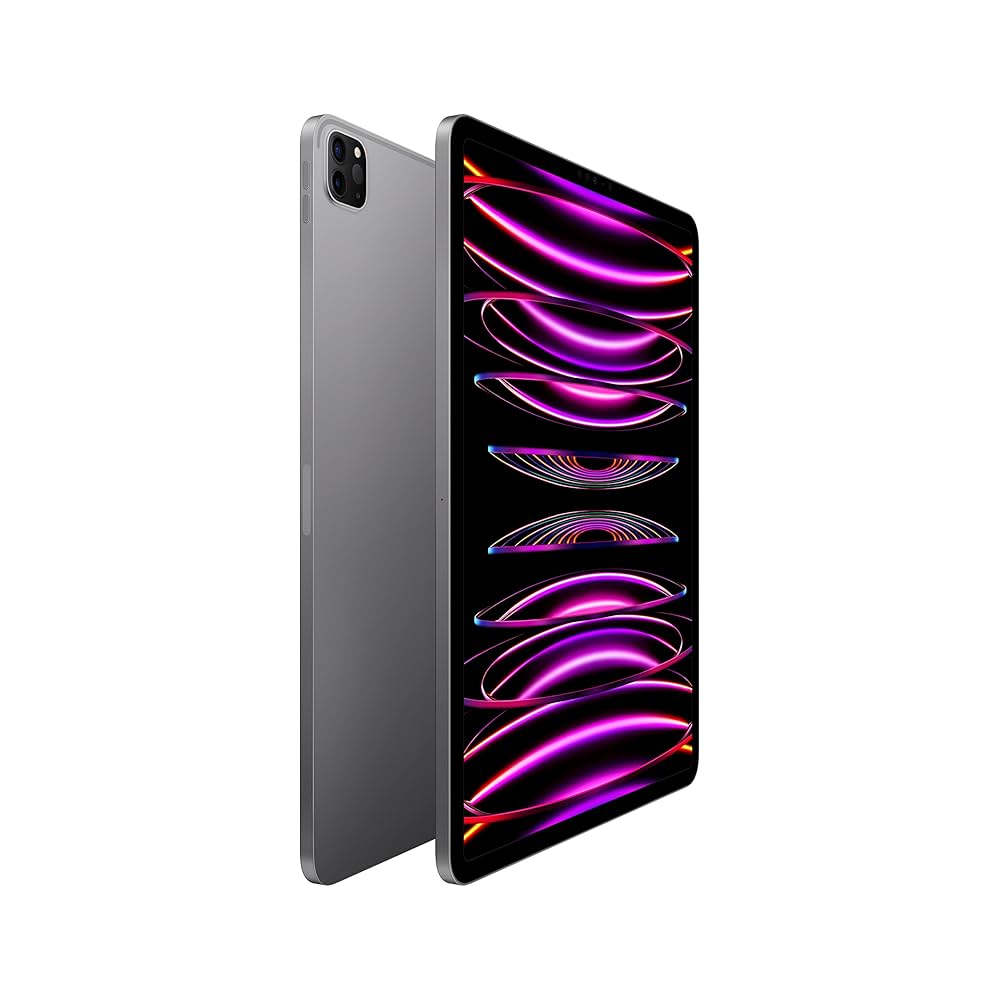 Space Gray Apple iPad Pro 12.9-inch 6th Generation, available in 128GB, 256GB, 512GB, 1TB, and 2TB, with Wi-Fi and Wi-Fi + Cellular unlocked models. Features the ultra-fast M2 chip, Liquid Retina XDR display, and 5G for pro-level performance.