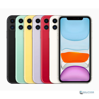 Full lineup of Apple iPhone 11 in all official colors — Black, White, Green, Yellow, Purple, and (PRODUCT)RED — shown side-by-side, featuring unlocked GSM/CDMA models in 64GB, 128GB, and 256GB storage options. Ideal for both retail and wholesale buyers looking for vibrant, affordable iPhones.