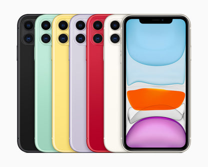 Full lineup of Apple iPhone 11 in all official colors — Black, White, Green, Yellow, Purple, and (PRODUCT)RED — shown side-by-side, featuring unlocked GSM/CDMA models in 64GB, 128GB, and 256GB storage options. Ideal for both retail and wholesale buyers looking for vibrant, affordable iPhones.