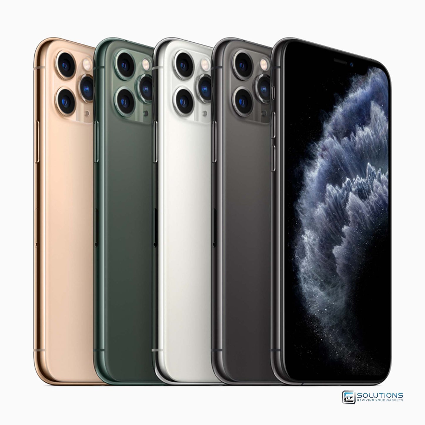 All four official Apple iPhone 11 Pro Max colors — Midnight Green, Space Gray, Silver, and Gold — shown side-by-side, available in 64GB, 256GB, and 512GB storage. Fully unlocked and ideal for retail or wholesale purchase from E Solutions.