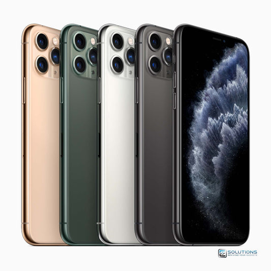 All four official Apple iPhone 11 Pro Max colors — Midnight Green, Space Gray, Silver, and Gold — shown side-by-side, available in 64GB, 256GB, and 512GB storage. Fully unlocked and ideal for retail or wholesale purchase from E Solutions.