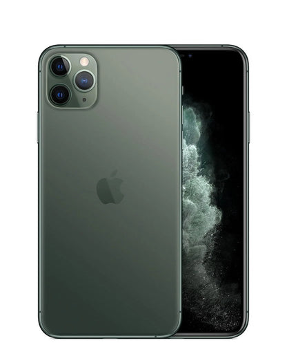 Apple iPhone 11 Pro Max in stunning Midnight Green finish, showcased in 64GB, 256GB, and 512GB storage options. Factory unlocked and compatible with all carriers — perfect for personal use or resale.
