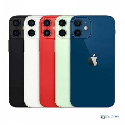 Apple iPhone 12 Mini lineup in all official colors — Black, White, Blue, Green, Purple, and (PRODUCT)RED — shown side by side with available storage options of 64GB, 128GB, and 256GB. Unlocked and compatible with GSM and CDMA networks. Ideal for both retail customers and wholesale buyers.