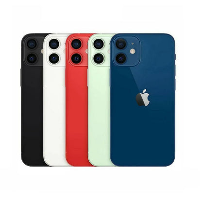 Apple iPhone 12 Mini lineup in all official colors — Black, White, Blue, Green, Purple, and (PRODUCT)RED — shown side by side with available storage options of 64GB, 128GB, and 256GB. Unlocked and compatible with GSM and CDMA networks. Ideal for both retail customers and wholesale buyers.