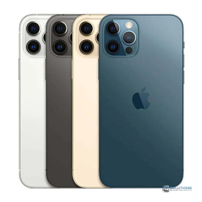 Full lineup of Apple iPhone 12 Pro in Graphite, Silver, Gold, and Pacific Blue — displayed with all storage options (128GB, 256GB, 512GB). Factory unlocked, good condition devices available for both retail and wholesale buyers at E Solutions.