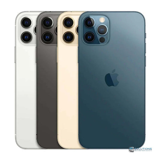 Full lineup of Apple iPhone 12 Pro in Graphite, Silver, Gold, and Pacific Blue — displayed with all storage options (128GB, 256GB, 512GB). Factory unlocked, good condition devices available for both retail and wholesale buyers at E Solutions.