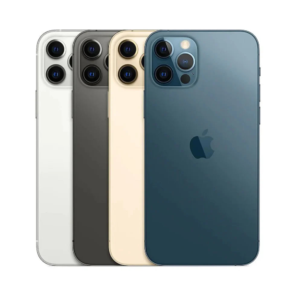 Full lineup of Apple iPhone 12 Pro in Graphite, Silver, Gold, and Pacific Blue — displayed with all storage options (128GB, 256GB, 512GB). Factory unlocked, good condition devices available for both retail and wholesale buyers at E Solutions.