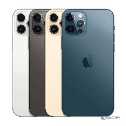 Side-by-side lineup of Apple iPhone 12 Pro Max in all four official colors — Graphite, Silver, Gold, and Pacific Blue — showcasing premium design with 128GB, 256GB, and 512GB storage options available at E Solutions for retail and wholesale buyers.