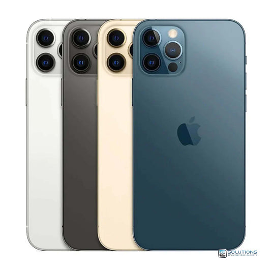Side-by-side lineup of Apple iPhone 12 Pro Max in all four official colors — Graphite, Silver, Gold, and Pacific Blue — showcasing premium design with 128GB, 256GB, and 512GB storage options available at E Solutions for retail and wholesale buyers.