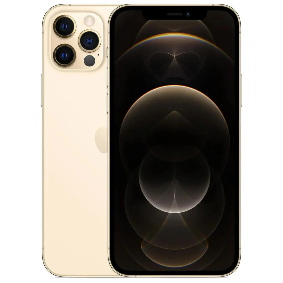 Stunning Gold Apple iPhone 12 Pro Max with a reflective frame and smooth glass back — available in 128GB, 256GB, and 512GB, perfect for premium retail or bulk resale customers.
