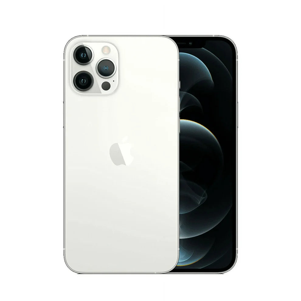 Elegant Silver iPhone 12 Pro Max featuring a polished stainless steel edge and 6.7" Super Retina XDR display — offered in multiple storage sizes, factory unlocked, compatible with major networks.