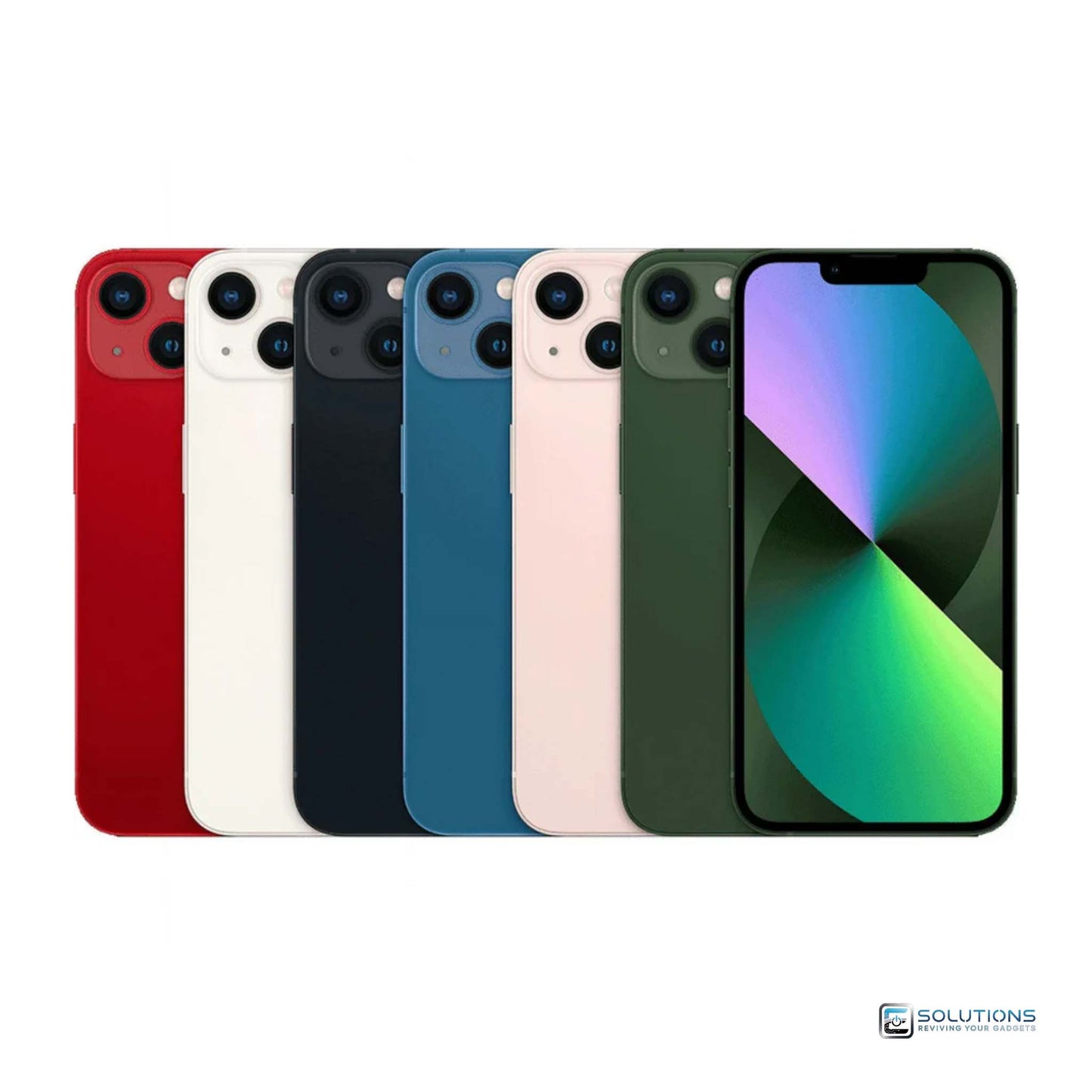 Apple iPhone 13 lineup in all official colors — Midnight, Starlight, Blue, Pink, Green, and (PRODUCT)RED — shown side by side, available in 128GB, 256GB, and 512GB storage options, unlocked for GSM and CDMA networks, suitable for retail and wholesale buyers.