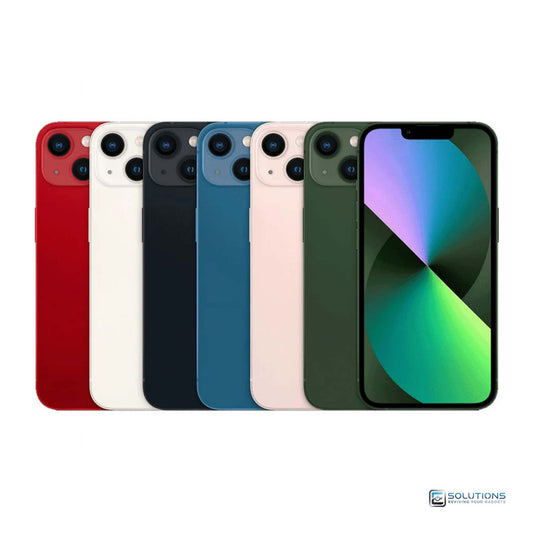 Apple iPhone 13 Mini lineup showing all available colors — Midnight, Starlight, Blue, Pink, Green, and Product Red — arranged side by side, highlighting compact design and premium finish in multiple storage options.
