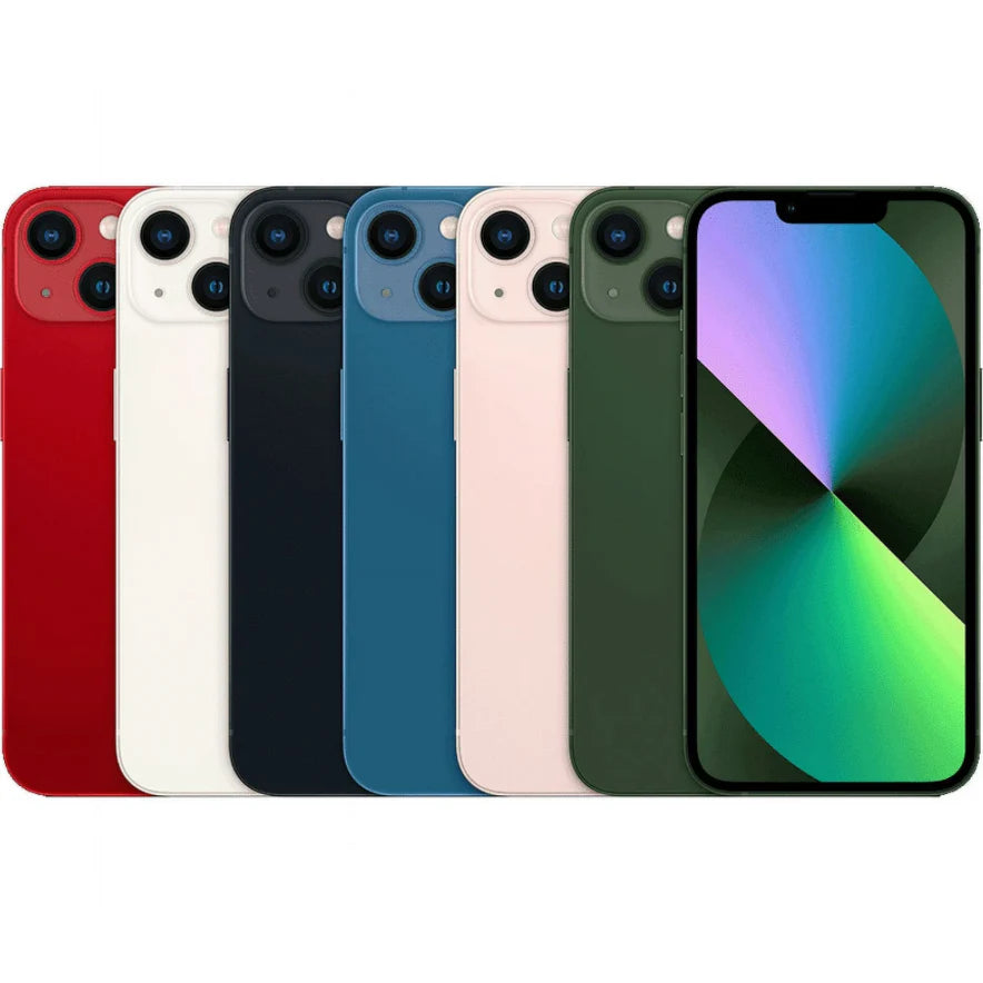 Apple iPhone 13 Mini lineup showing all available colors — Midnight, Starlight, Blue, Pink, Green, and Product Red — arranged side by side, highlighting compact design and premium finish in multiple storage options.