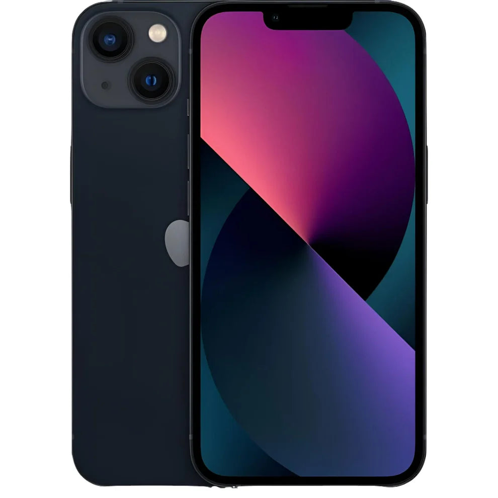 iPhone 13 Mini in sleek Midnight black, shown from multiple angles with storage options of 64GB, 128GB, and 256GB, excellent/good cosmetic condition, factory unlocked, ready for retail or wholesale.