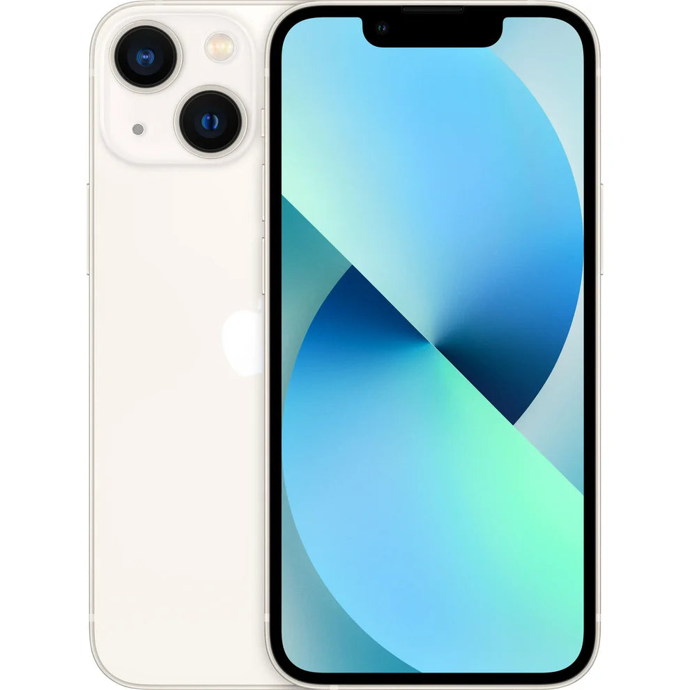 iPhone 13 Mini in elegant Starlight (white-gold tint), shown in unlocked condition with 64GB, 128GB, and 256GB storage options, compatible with all U.S. and global carriers — ideal for retail and wholesale buyers.