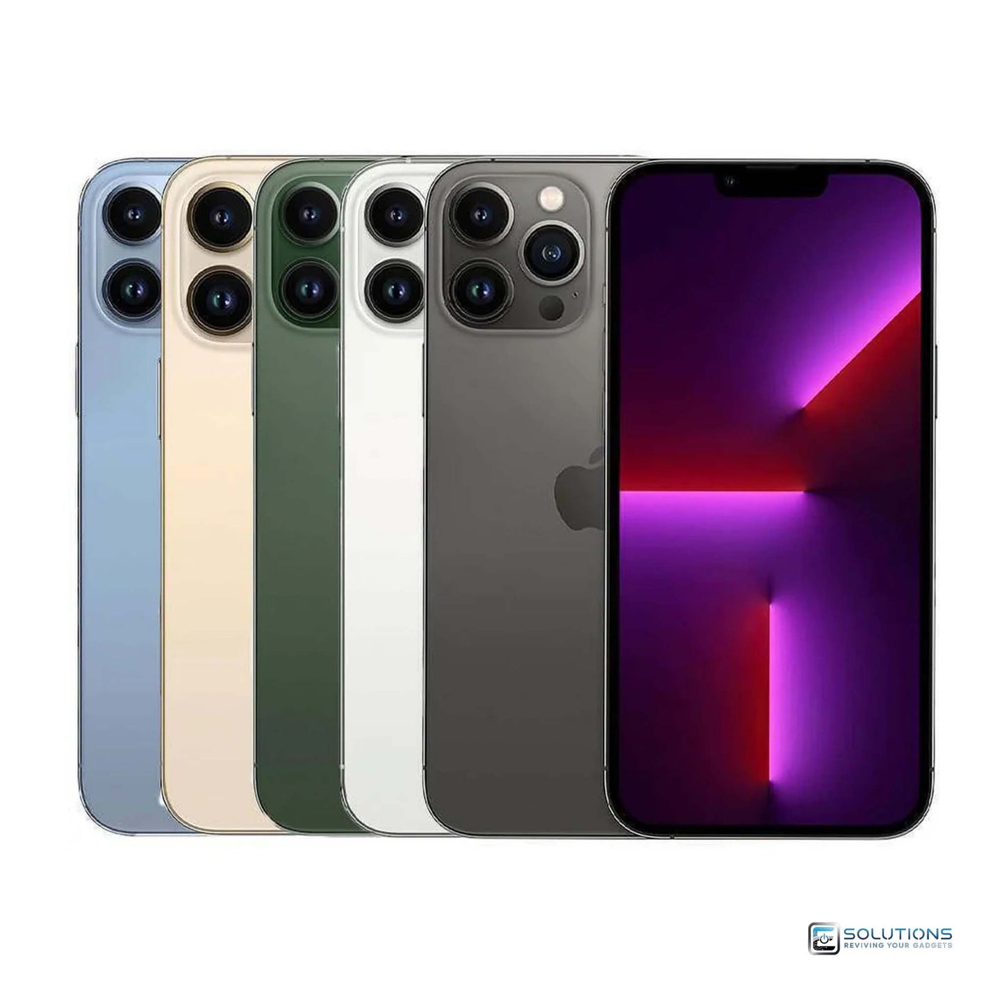 All color variants of the Apple iPhone 13 Pro shown side by side, available in 128GB, 256GB, 512GB, and 1TB — factory unlocked for GSM and CDMA networks, excellent/good used condition.