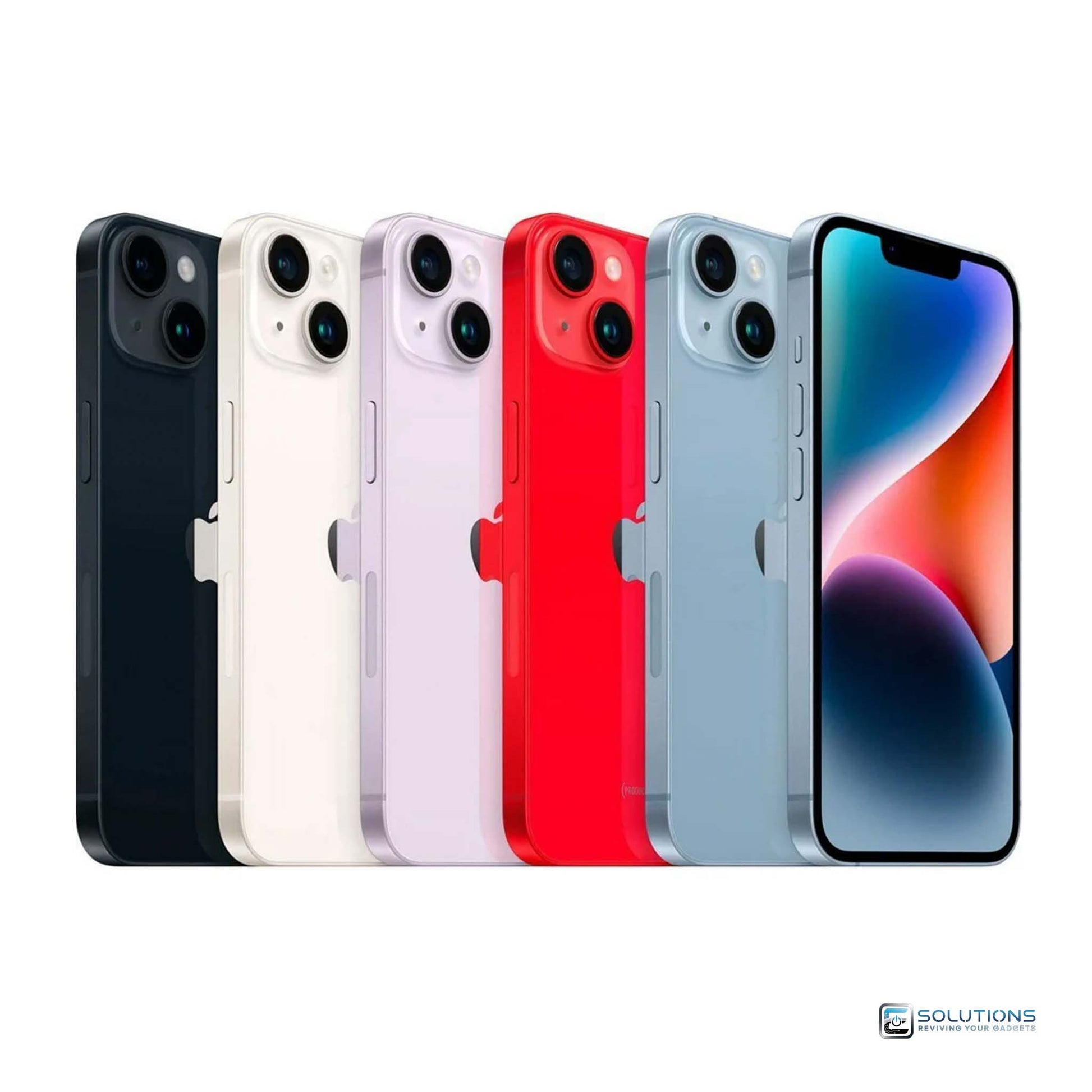 Lineup of Apple iPhone 14 in all five colors — Blue, Purple, Midnight, Starlight, and (PRODUCT)RED — available unlocked with 128GB, 256GB, or 512GB storage. Ideal for retail and wholesale buyers, compatible with major carriers like AT&T, T-Mobile, Verizon, and global GSM/CDMA networks.