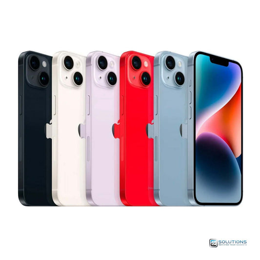 Lineup of Apple iPhone 14 in all five colors — Blue, Purple, Midnight, Starlight, and (PRODUCT)RED — available unlocked with 128GB, 256GB, or 512GB storage. Ideal for retail and wholesale buyers, compatible with major carriers like AT&T, T-Mobile, Verizon, and global GSM/CDMA networks.