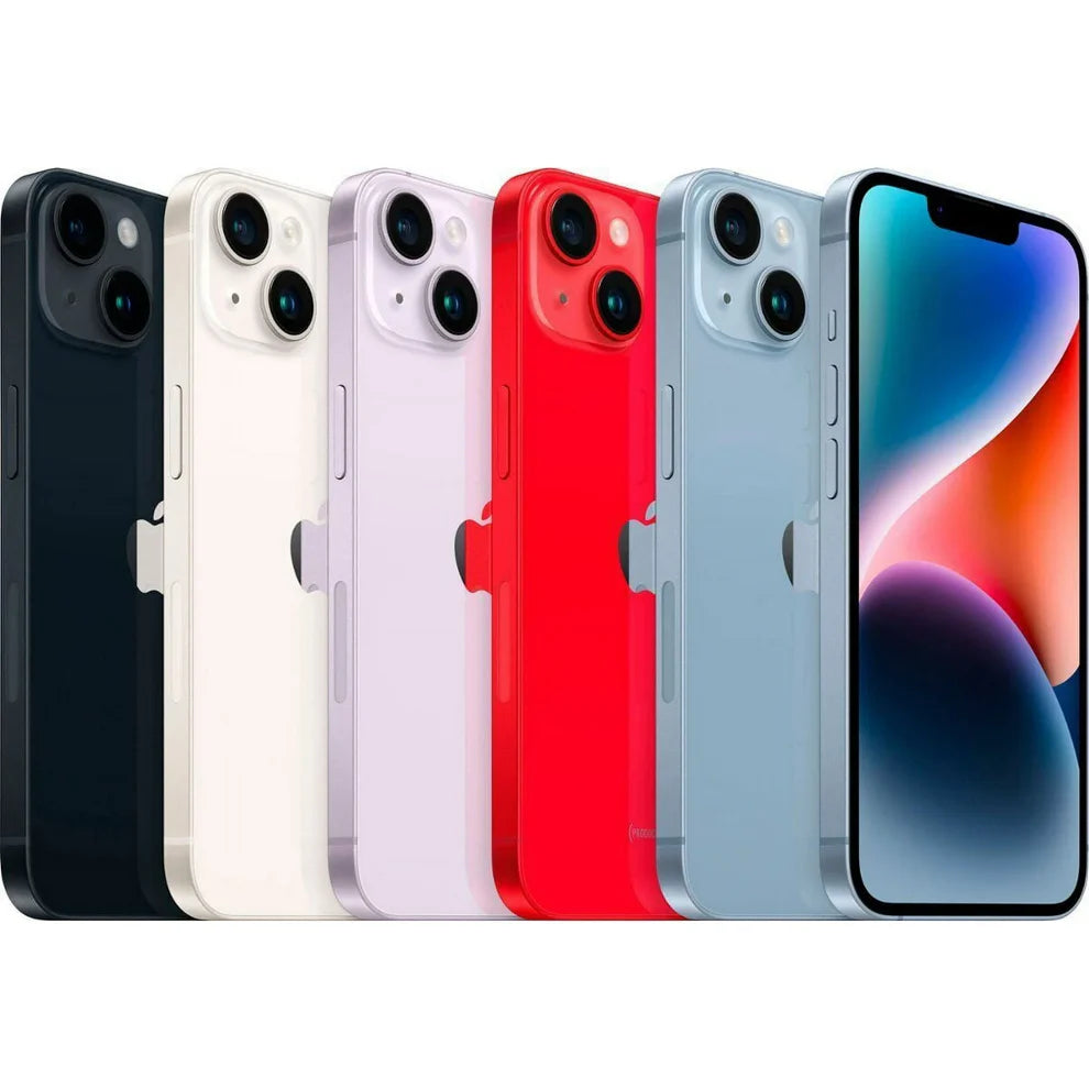 Lineup of Apple iPhone 14 in all five colors — Blue, Purple, Midnight, Starlight, and (PRODUCT)RED — available unlocked with 128GB, 256GB, or 512GB storage. Ideal for retail and wholesale buyers, compatible with major carriers like AT&T, T-Mobile, Verizon, and global GSM/CDMA networks.