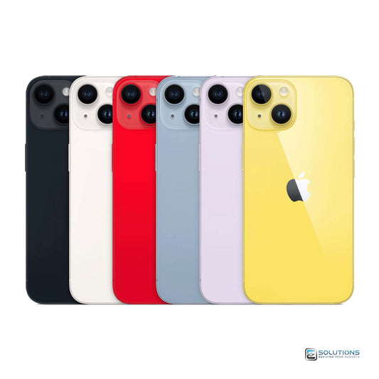 Apple iPhone 14 Plus in all colors – Blue, Purple, Midnight, Starlight, Yellow, and PRODUCT(RED) shown together; available unlocked for retail and wholesale buyers.