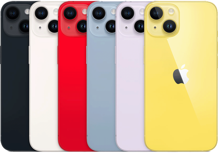 Apple iPhone 14 Plus in all colors – Blue, Purple, Midnight, Starlight, Yellow, and PRODUCT(RED) shown together; available unlocked for retail and wholesale buyers.