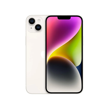 Starlight iPhone 14 Plus – elegant off-white tone; offered in 128GB, 256GB, and 512GB, unlocked and carrier-ready.