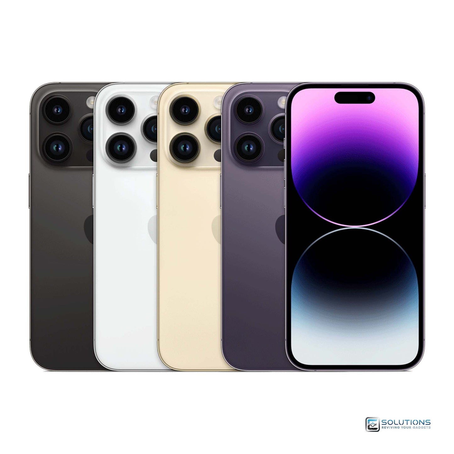 Apple iPhone 14 Pro lineup – Space Black, Deep Purple, Gold, and Silver shown side by side; available unlocked for retail and wholesale in all storage capacities.