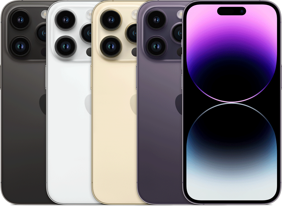 Apple iPhone 14 Pro lineup – Space Black, Deep Purple, Gold, and Silver shown side by side; available unlocked for retail and wholesale in all storage capacities.
