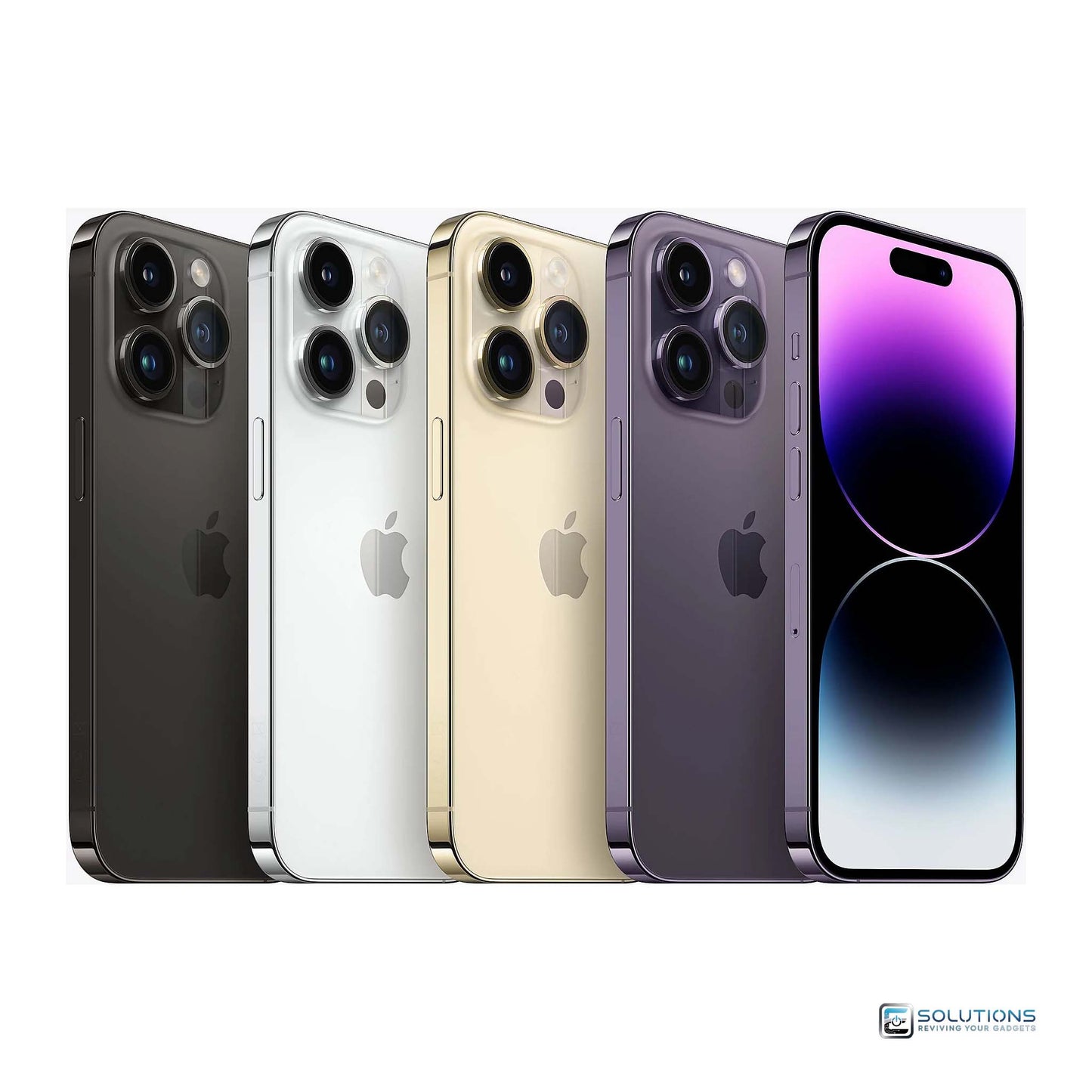 All color options of Apple iPhone 14 Pro Max shown side by side — Space Black, Deep Purple, Gold, and Silver — available in 128GB, 256GB, 512GB, and 1TB storage variants, factory unlocked for all networks worldwide, ideal for retail and wholesale buyers.