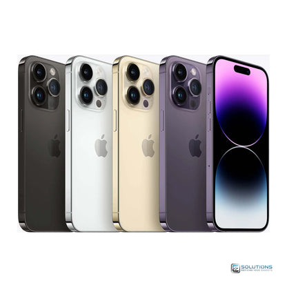 All color options of Apple iPhone 14 Pro Max shown side by side — Space Black, Deep Purple, Gold, and Silver — available in 128GB, 256GB, 512GB, and 1TB storage variants, factory unlocked for all networks worldwide, ideal for retail and wholesale buyers.